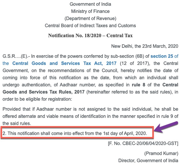 Aadhaar Authentication Mandatory for GST Registration from April 1, 2020