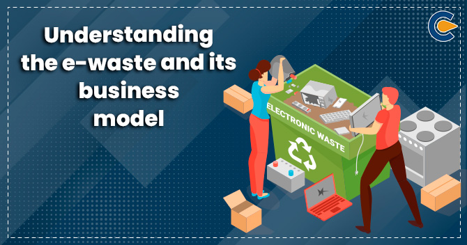 Waste Management Business. The image is a graphical banner with a dark blue patterned background and a blue grid overlay. It contains the title "Understanding the e-waste and its business model" in bold white text at the top. The central graphic illustrates two people engaged in sorting electronic waste. On the left, a woman stands on a platform, holding a box with an icon of a battery, indicating it as e-waste. On the right, a man is carrying an old monitor towards a larger box labeled "ELECTRONIC WASTE," which already contains various electronic items like a laptop and a keyboard. The setting suggests a recycling facility, and the overall design serves as an educational or promotional piece about the electronic waste recycling business.